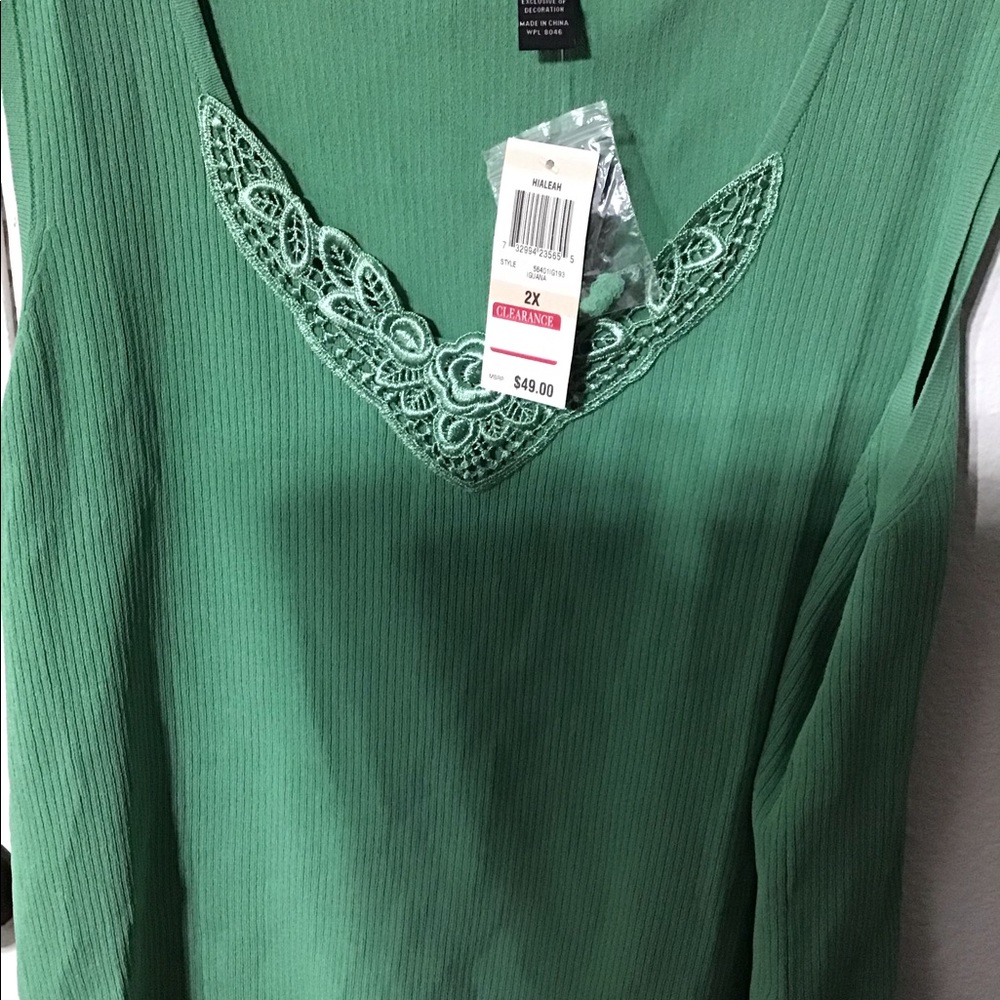PLUS SIZE NWT INC. Green Scoop neck Sweater with embroidered neckline. - Picture 5 of 6